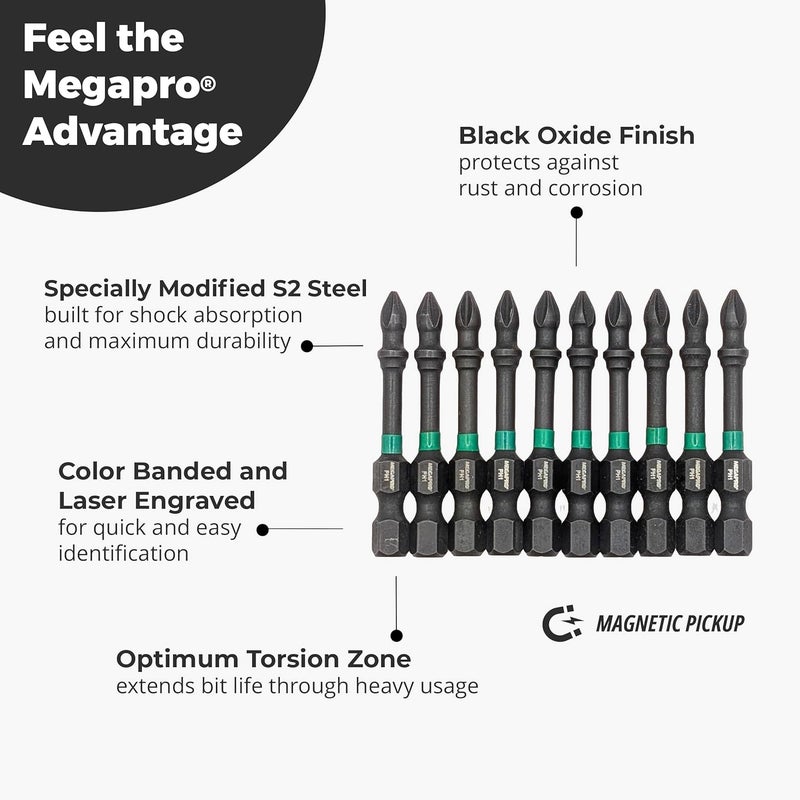 Megapro Megaforce Impact Bits | Specially Modified S2 Steel | Magnetic Pickup | Black Oxide Finish (Refill Pack (Phillips #1)) - Image 3
